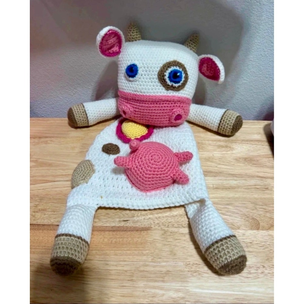 Handmade Crochet Cow Security Lovey Pink Brown White Spotted 21in